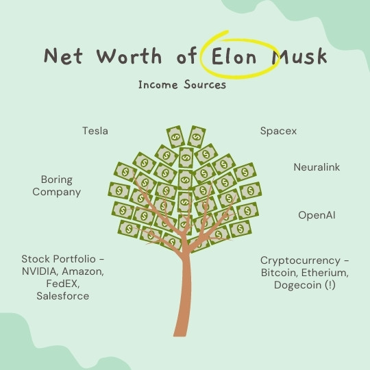 Elon Musk Net Worth and Income Sources as a graphical representation of money tree
